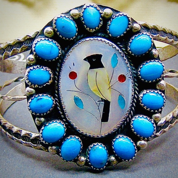 2XHP💕Vintage Navajo Turquoise MOP Inlay .925 Cuff - Picture 5 of 7